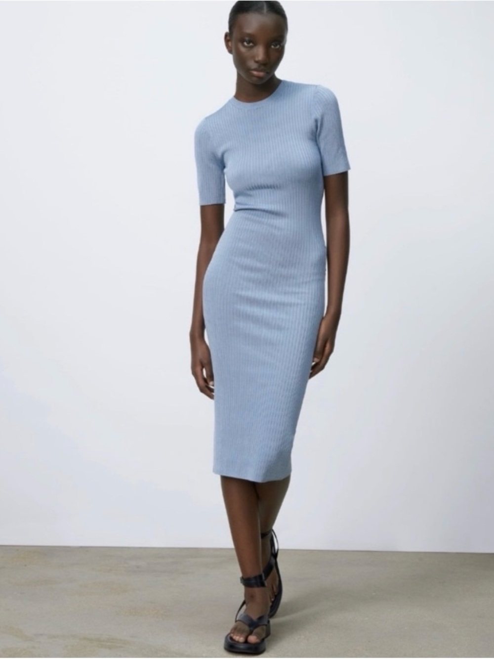 Zara Light Blue Ribbed Short-Sleeve Midi Dress